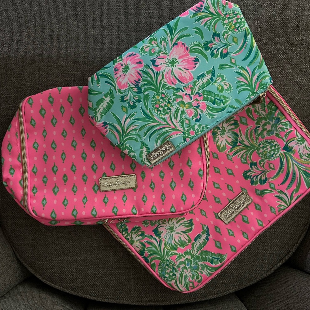 Lilly Pulitzer Floral Cosmetic Bag Trio - Pink and Green